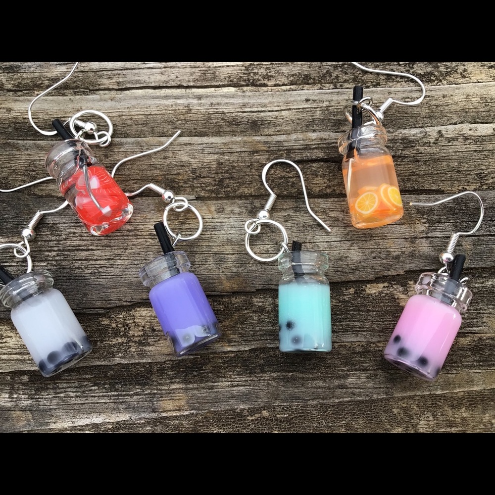 Orange boba tea drink earrings 925 silver juice